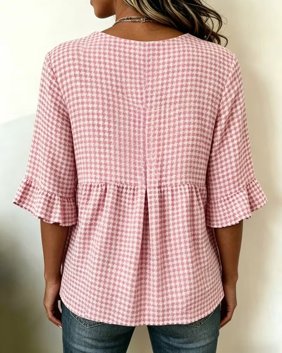 Blouse Ruitjesmotief Drieknoops Casual