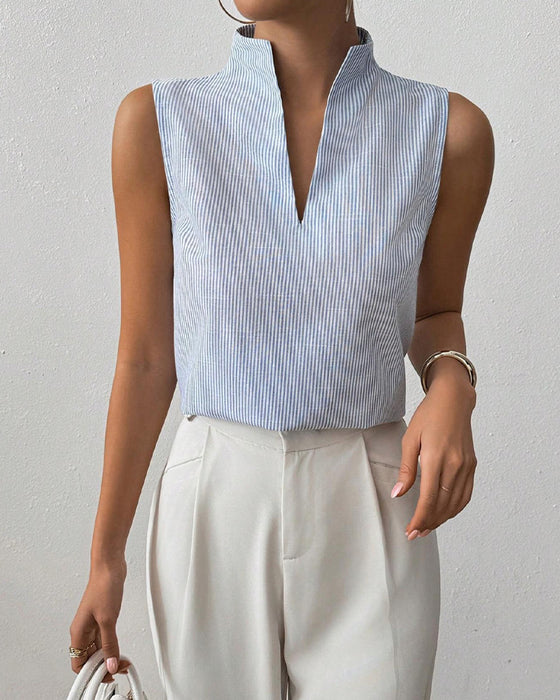 Mouwloze V-Hals Gestreepte Blouse