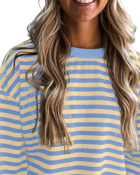 Blouse Ronde Hals Drop Schouder Streep Uitsnede