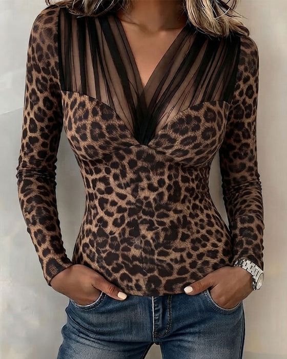 Top Sheer V-Hals Luipaard