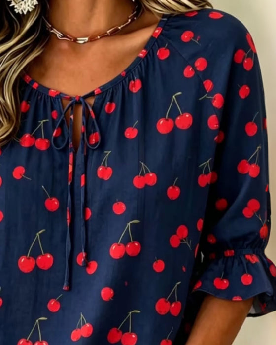 Blouse Kersen Print Strik 3/4 Mouw