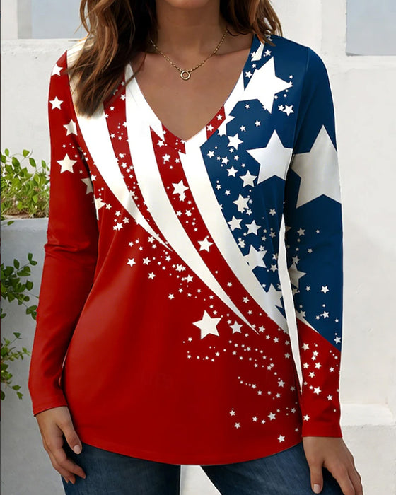 T-Shirts Vlag Ster Print V-Hals