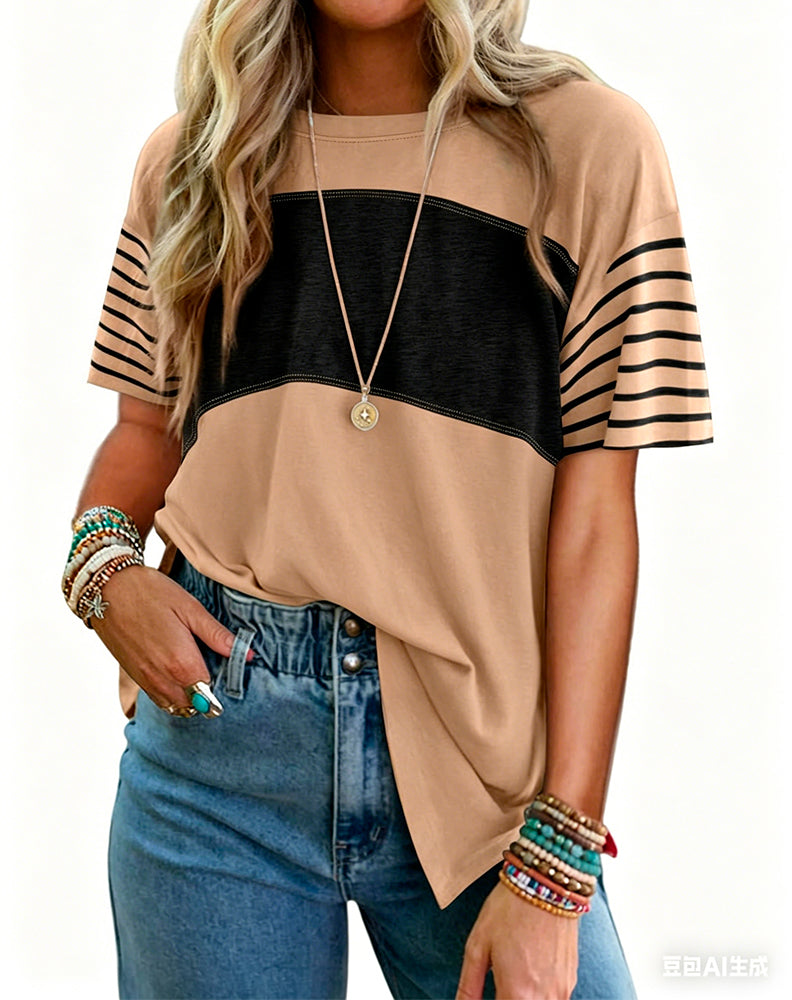 T-Shirt Pullover Gestreept Kleurblok Korte Mouw