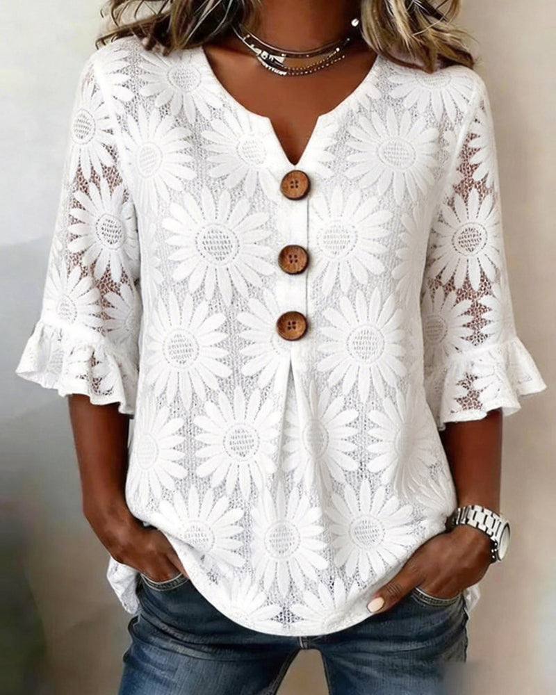 Blouse Met Gerimpeld Madeliefjespatroon En Pofmouwen