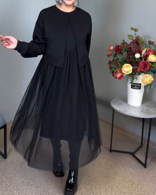 Effen kleur elegante jurk met onregelmatige mesh-stiksels