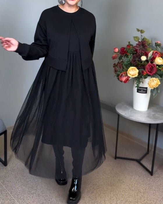 Effen kleur elegante jurk met onregelmatige mesh-stiksels