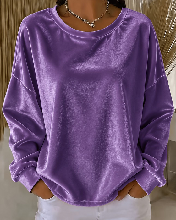 Blouse Ronde Hals Drop Schouder Relaxed Lange Mouw