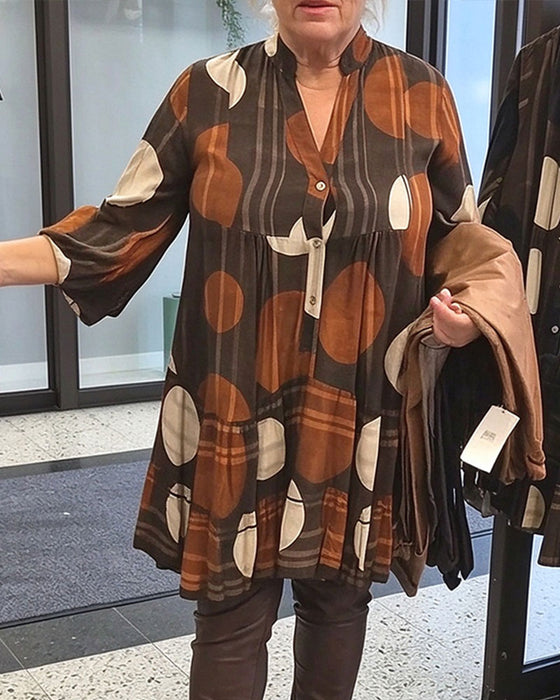 Jurk Geometrische Stippenprint V-Hals Loose Fit