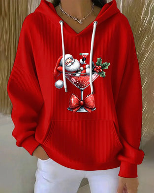 Hoodie Met Kerstman En Wijnglas Print, Kap Design