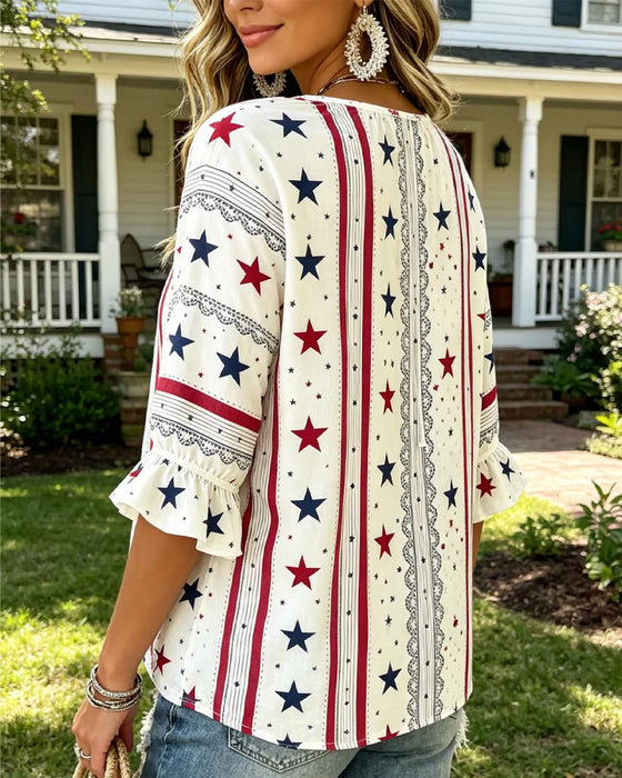 Bedrukte Blouse Met Veters En Ruche Mouwen