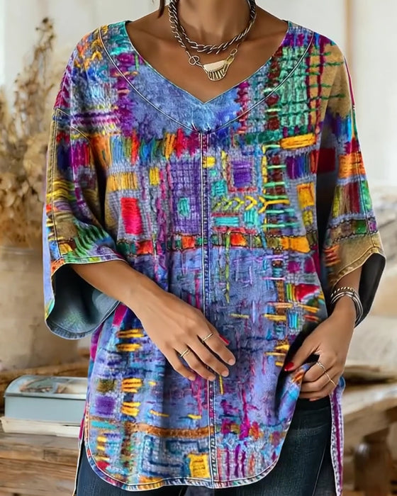Blouse Met Kleurrijke Geometrische Print En Wijde Mouwen