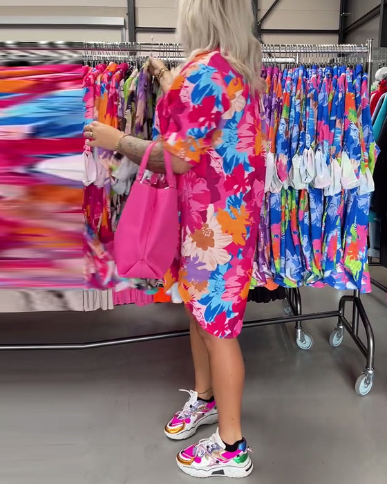 Kleurrijke midi-jurk met revers en bloemenprint