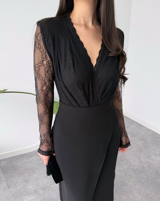 Tweedelig Set Met V-Kraag Kant Top, Asymmetrische Midirok En Elegante Stil