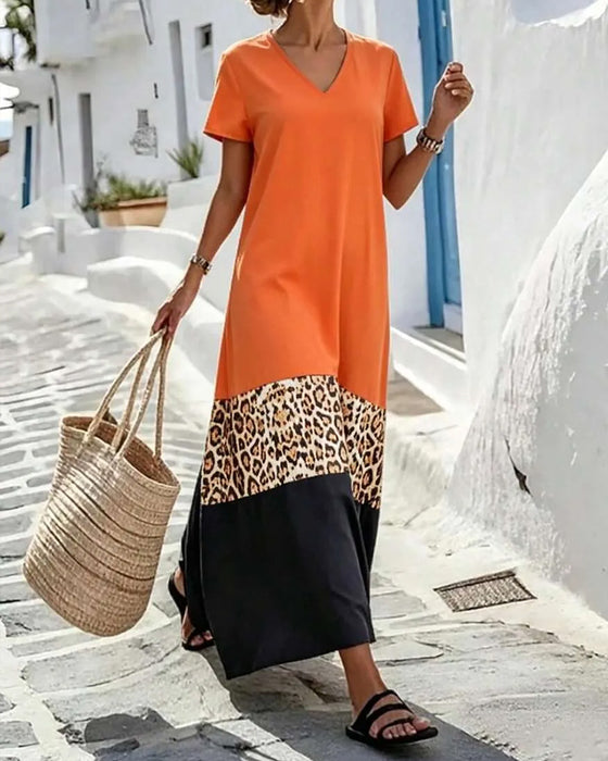Maxi-Jurk V-Hals Kleurblok Patchwork Luipaard
