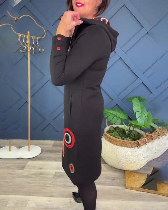 Casual jurk met rits en capuchon en cirkelprint