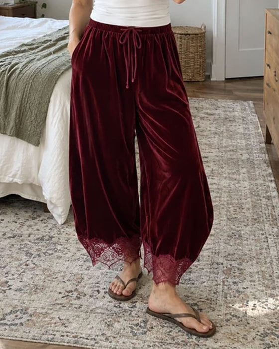 Broek Elastische Taille Kant Stiksel Wijd Been