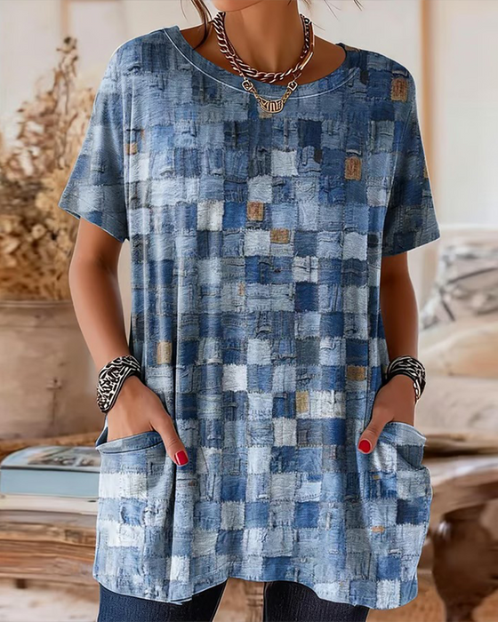 T-Shirt Gekleurd Ruit Print Korte Mouw