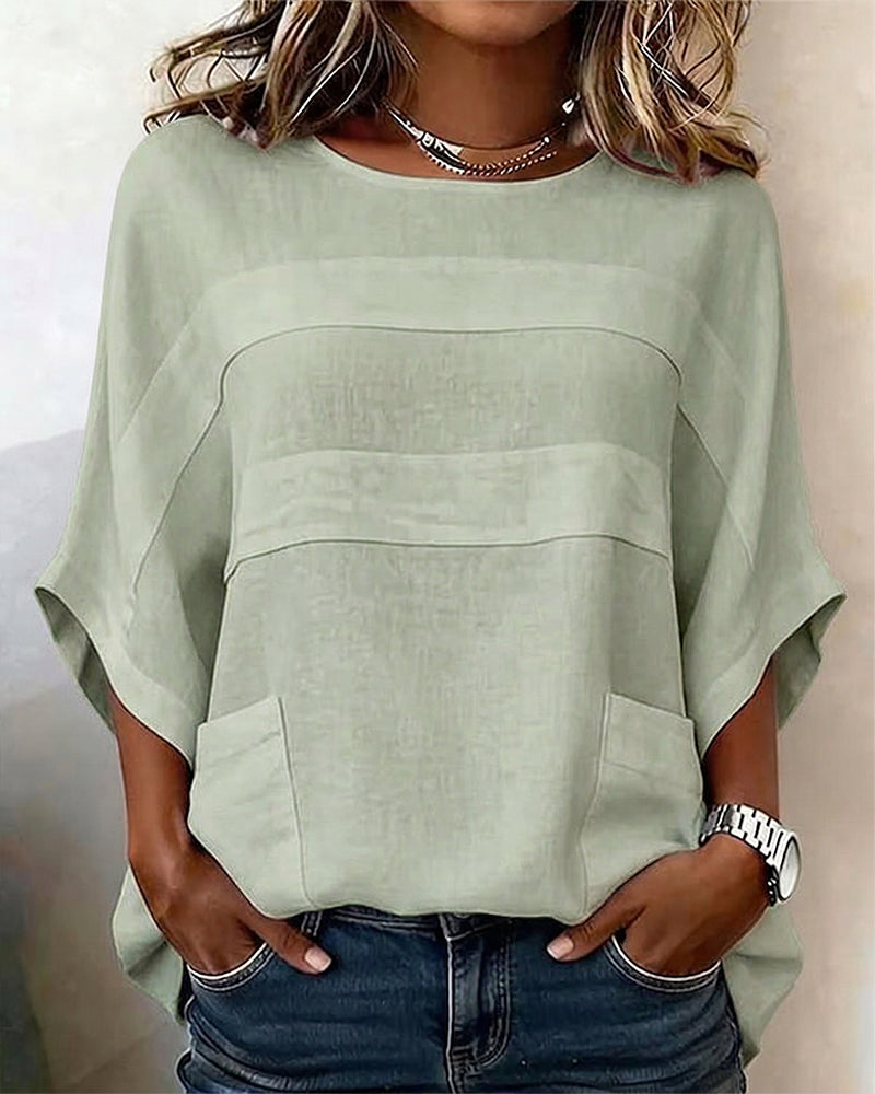 Blouse 100% Katoen Vleermuismouw Losse Pasvorm Ronde Hals
