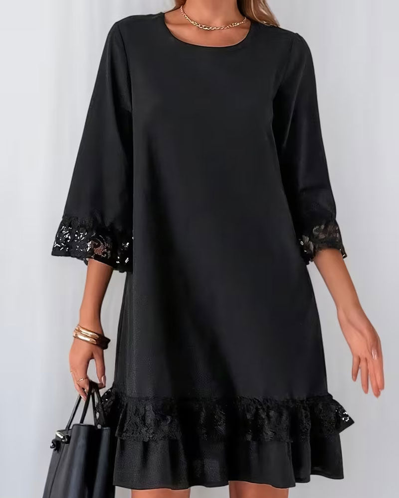 Jurk Ronde Hals Halve Mouw Kant Patchwork
