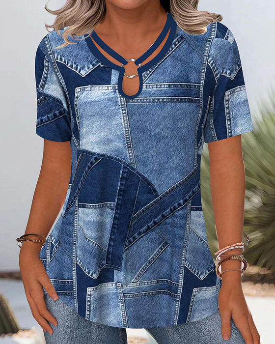 Blouse Vintage Denim Contrast Uitsnijding