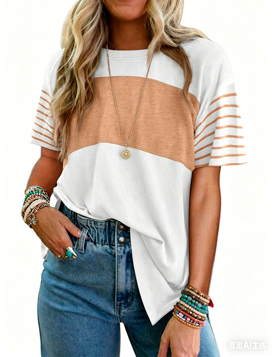 T-Shirt Pullover Gestreept Kleurblok Korte Mouw