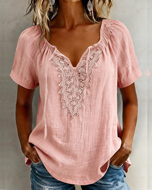 Blouse Kant Patchwork Korte Mouw