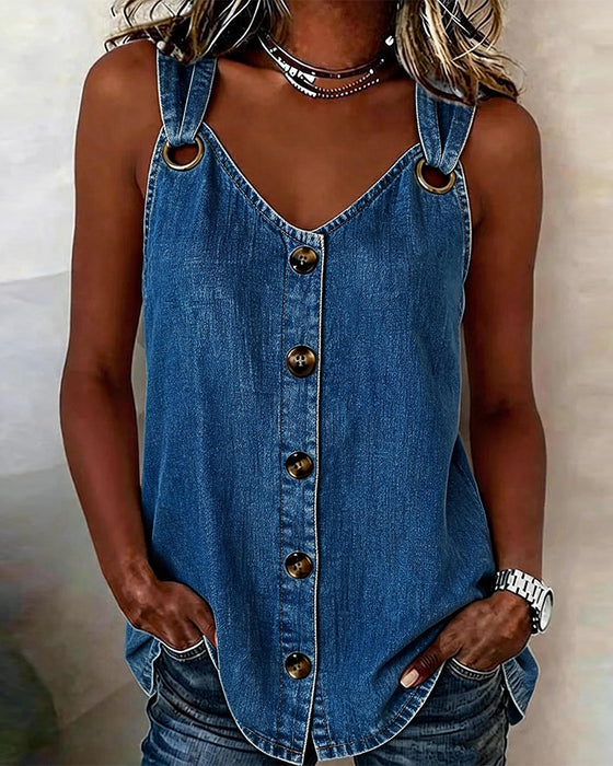 Tank Top Metalen Gesp V-Hals Denim