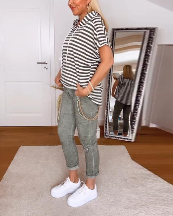 T-Shirt Met Capuchon Casual Gestreept