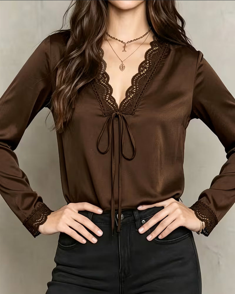 Blouse Lange Mouw V-Hals Kant Patchwork