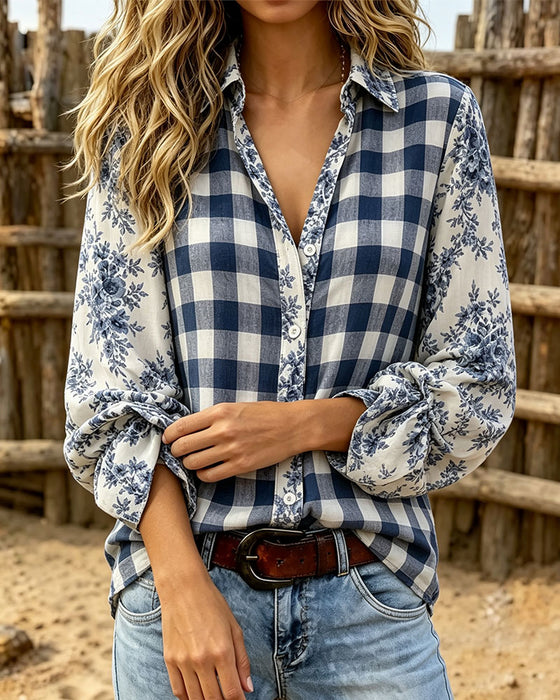 Shirt Bloemen Geruit Revers Lange Mouw