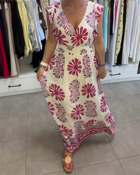 Jurk Bloemen Taille-Riem Fladder-Mouw Vakantie Maxi