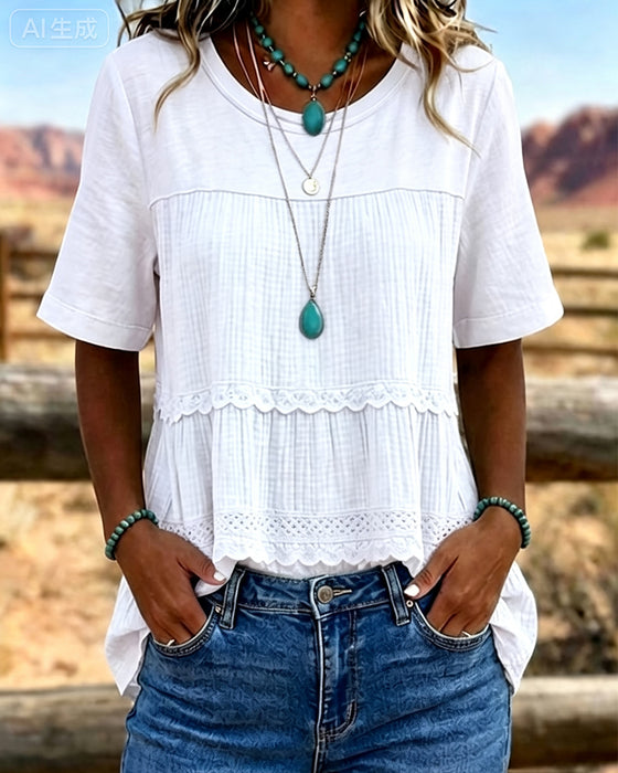 T-Shirt Ronde Hals Ruche Patchwork Effen
