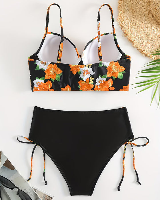 Bikini Kleurblok Bloemenprint Gerimpelde Strik
