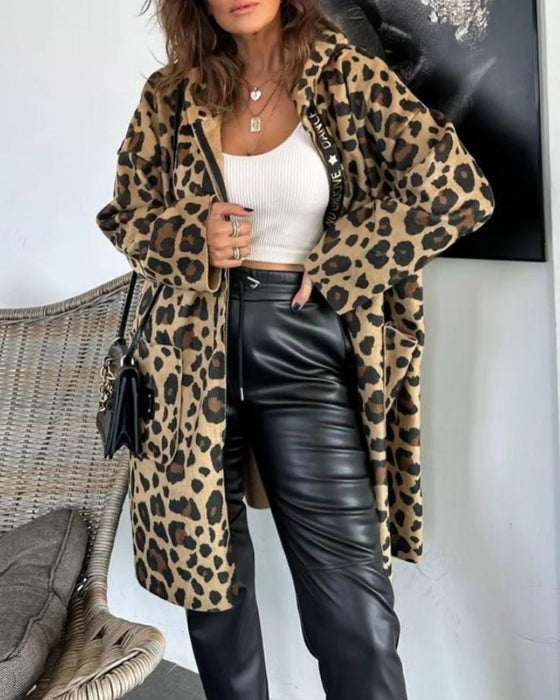 Casual luipaardprint jas met capuchon en zakken