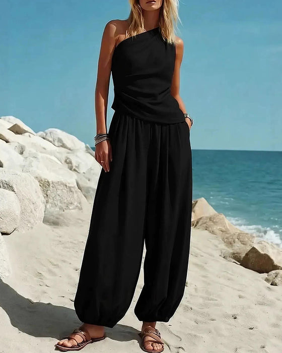 Set Enkel Schouder Tank Top Hoge Taille Broek