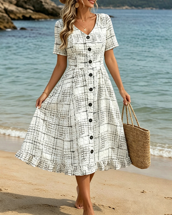 Jurk V-Hals Ruit Knoop Ruffle