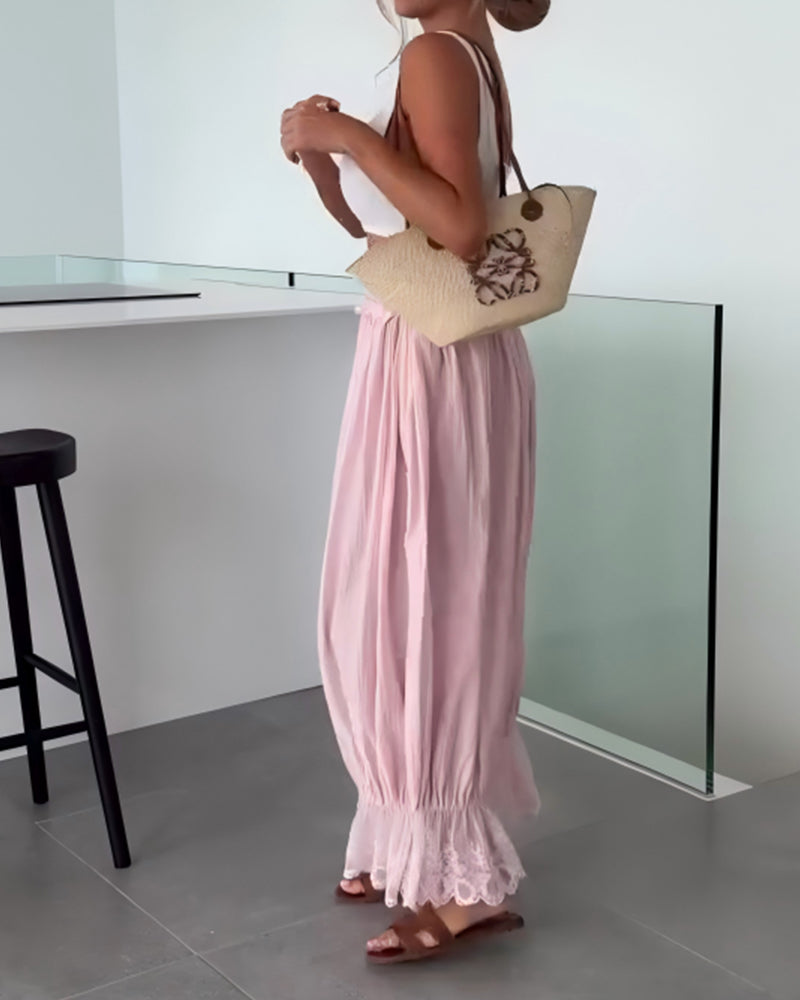 Broek Effen Wijd Pijp Kanten Rand Omslagzoom