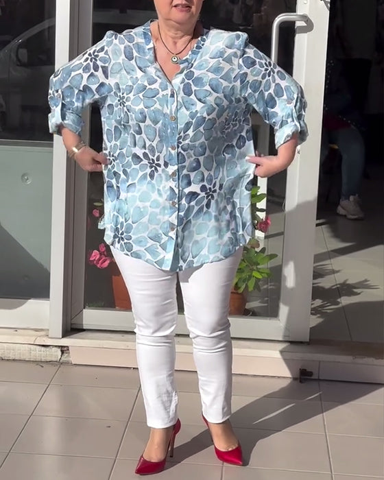 Casual overhemd met V-hals en button-down print