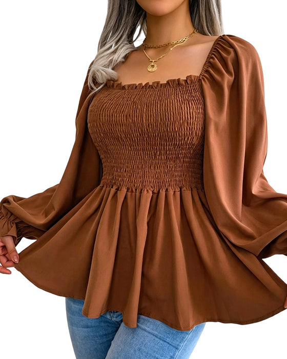 Blouse Ruche Vierkante Hals Lange Mouw