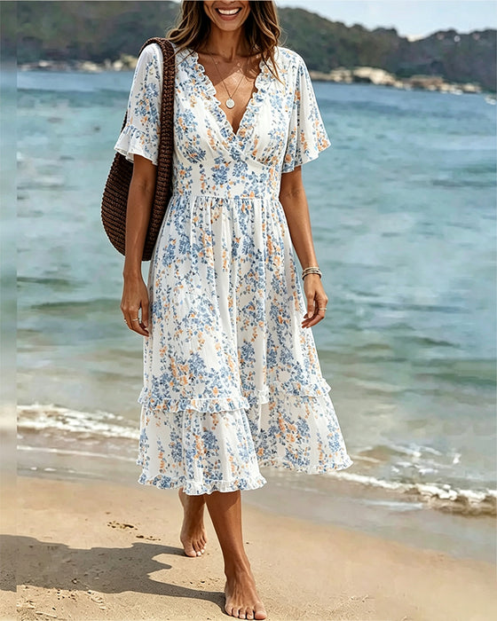 Jurk Bloemen Ruffle V-Hals Patchwork