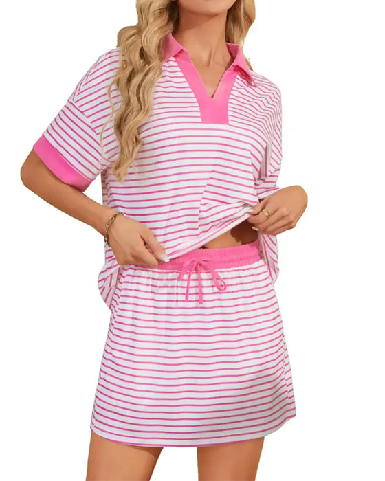 Set Contrast Streep Polo Korte Mouw Rok