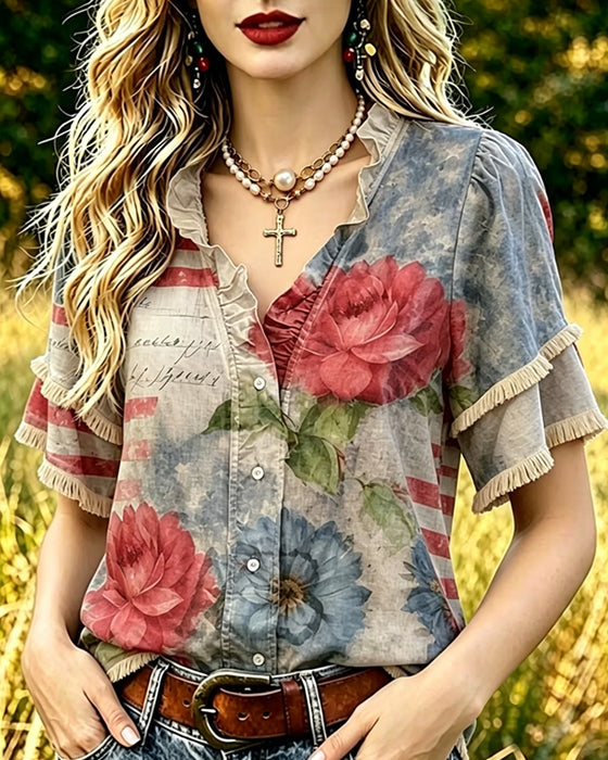 Bloemenprintblouse Met Ruches