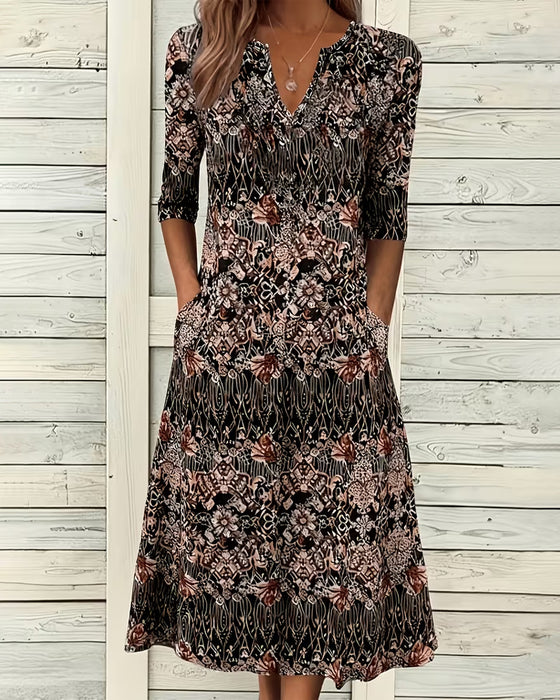 Jurk V‑hals Print Patchwork Halflangemouw