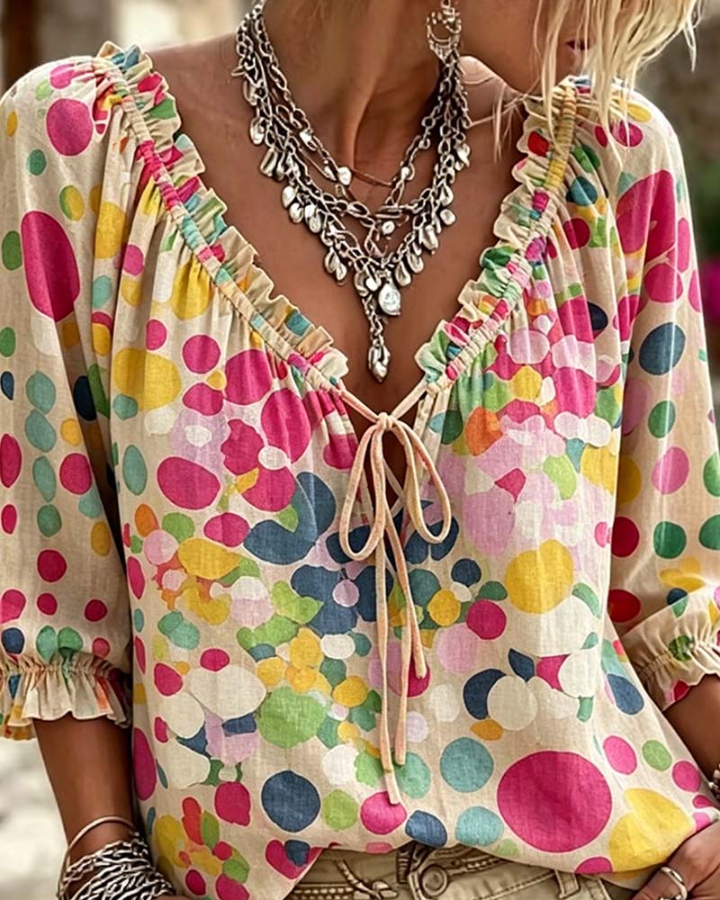 Blouse V-Hals Stippen Met Vetersluiting