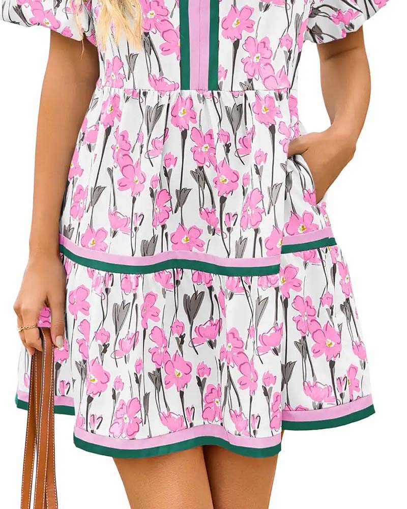 Jurk V-Hals Bloemen Ballon Mouw Patchwork