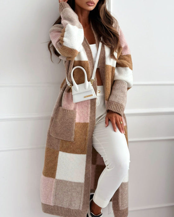 Casual contrast geruite losse cardigan met zak