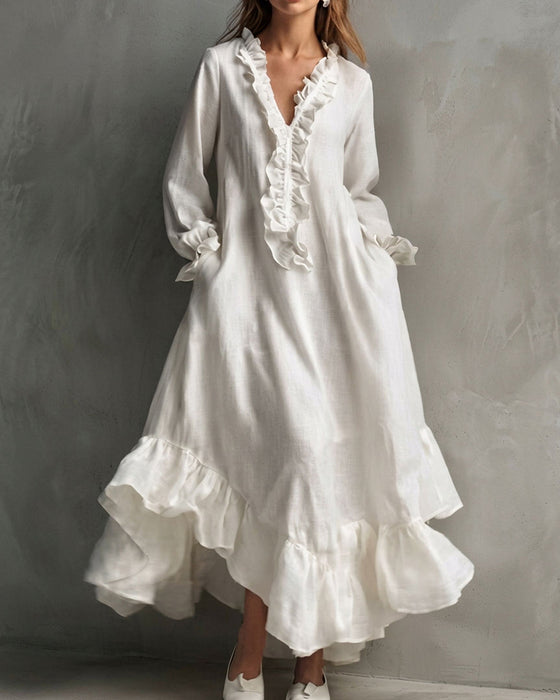 Jurk Lange Mouw Ruches V-Hals Maxi