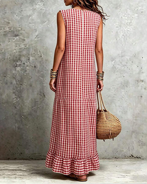 Jurk V-Hals Ruffle Ruit Mouwloos Maxi