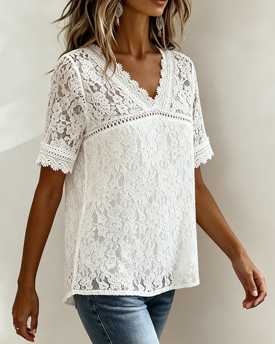 Effen Kleur Blouse Korte Mouwen Met Kant
