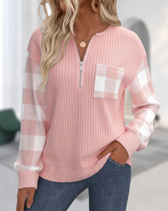 Sweatshirt Met Half-Zip Ontwerp, Ruitpatroon En Patchworkdetail
